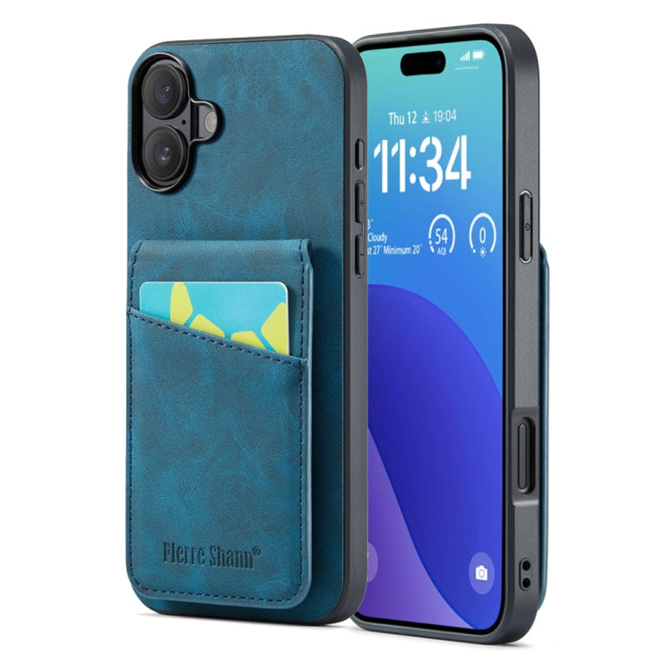 For iPhone 16 Fierre Shann Crazy Horse Card Holder Back Cover PU Phone Case(Blue) - iPhone 16 Cases by FIERRE SHANN | Online Shopping UK | buy2fix