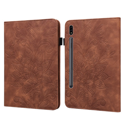 For Samsung Galaxy Tab S9 Lace Flower Embossing Pattern Leather Tablet Case(Brown) - Galaxy Tab S9 Cases by buy2fix | Online Shopping UK | buy2fix