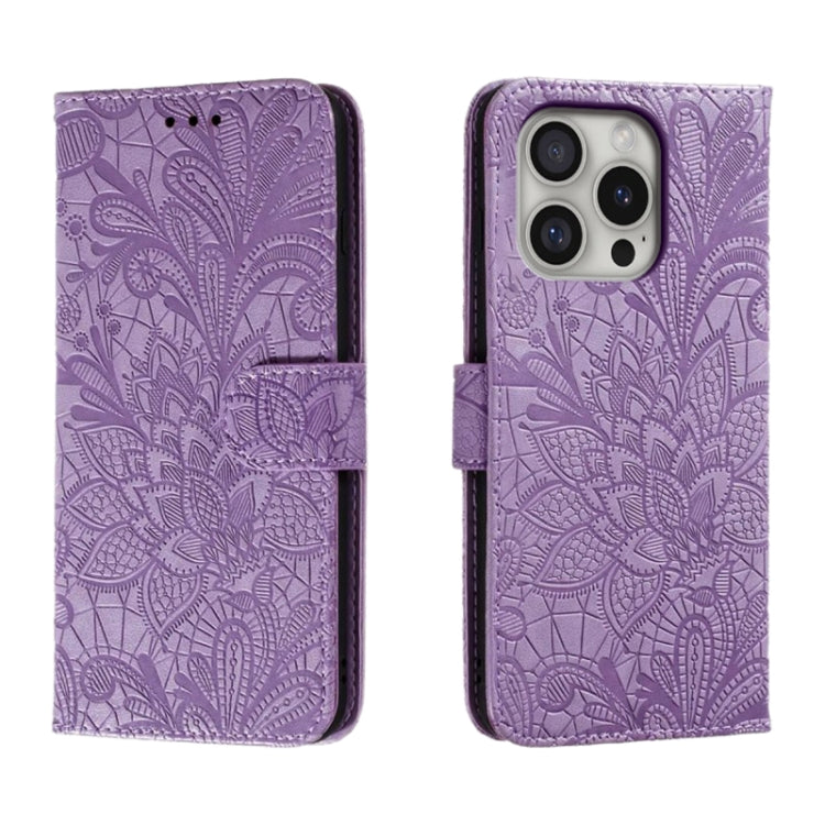 For iPhone 16 Pro Lace Flower Embossing Flip Leather Phone Case(Purple) - iPhone 16 Pro Cases by buy2fix | Online Shopping UK | buy2fix