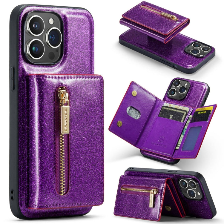 For iPhone 15 Pro Max DG.MING M3 Series Glitter Powder Card Bag Leather Phone Case(Dark Purple) - iPhone 15 Pro Max Cases by DG.MING | Online Shopping UK | buy2fix