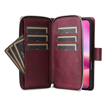 For iPhone 16 9 Card Slots Zipper Wallet Bag Leather Phone Case(Wine Red) - iPhone 16 Cases by buy2fix | Online Shopping UK | buy2fix