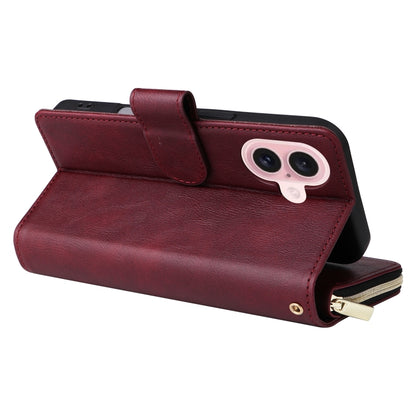 For iPhone 16 9 Card Slots Zipper Wallet Bag Leather Phone Case(Wine Red) - iPhone 16 Cases by buy2fix | Online Shopping UK | buy2fix