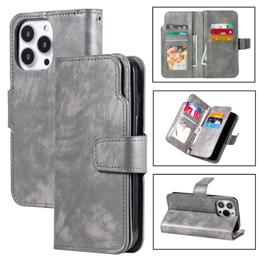 For iPhone 16 Pro Tri-Fold 9-Card Wallets Leather Phone Case(Grey) - iPhone 16 Pro Cases by buy2fix | Online Shopping UK | buy2fix