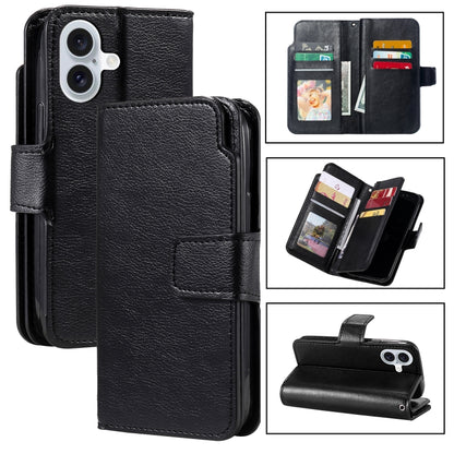 For iPhone 16 Tri-Fold 9-Card Wallets Leather Phone Case(Black) - iPhone 16 Cases by buy2fix | Online Shopping UK | buy2fix