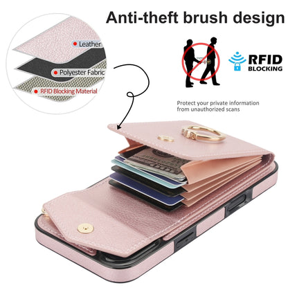 For iPhone 16 Ring Holder RFID Card Slot Phone Case(Rose Gold) - iPhone 16 Cases by buy2fix | Online Shopping UK | buy2fix