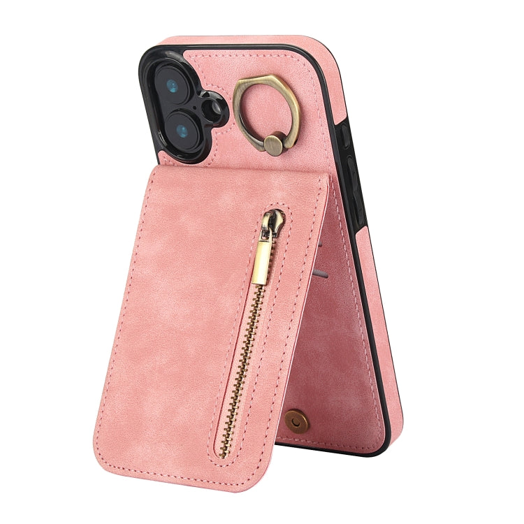 For iPhone 16 Plus Retro Ring and Zipper RFID Card Slot Phone Case(Pink) - iPhone 16 Plus Cases by buy2fix | Online Shopping UK | buy2fix