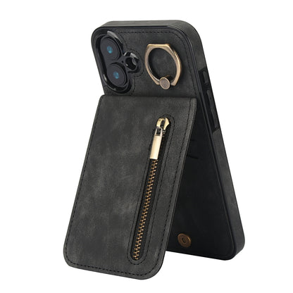 For iPhone 16 Plus Retro Ring and Zipper RFID Card Slot Phone Case(Black) - iPhone 16 Plus Cases by buy2fix | Online Shopping UK | buy2fix