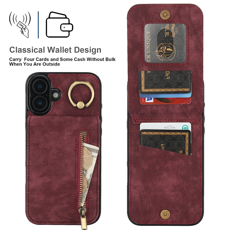 For iPhone 16 Retro Ring and Zipper RFID Card Slot Phone Case(Wine Red) - iPhone 16 Cases by buy2fix | Online Shopping UK | buy2fix