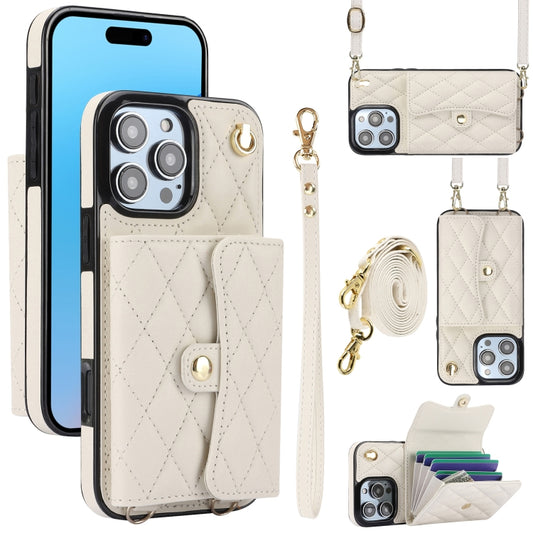 For iPhone 16 Pro Max Crossbody Rhombic Horizontal Wallet Leather Phone Case(White) - iPhone 16 Pro Max Cases by buy2fix | Online Shopping UK | buy2fix