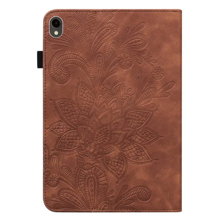 For Samsung Galaxy Tab S9 Lace Flower Embossing Pattern PU Tablet Case(Brown) - Galaxy Tab S9 Cases by buy2fix | Online Shopping UK | buy2fix