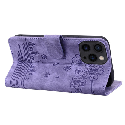 For iPhone 16 Pro Max Cartoon Sakura Cat Embossed Leather Phone Case(Purple) - iPhone 16 Pro Max Cases by buy2fix | Online Shopping UK | buy2fix