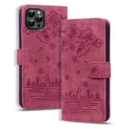 For iPhone 16 Pro Max Cartoon Sakura Cat Embossed Leather Phone Case(Wine Red) - iPhone 16 Pro Max Cases by buy2fix | Online Shopping UK | buy2fix