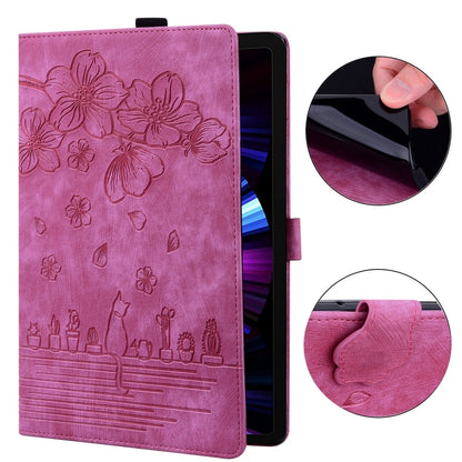 For Samsung Galaxy Tab S9 FE Cartoon Sakura Cat Embossed Leather Tablet Case(Rose Red) - Galaxy Tab S9 FE by buy2fix | Online Shopping UK | buy2fix