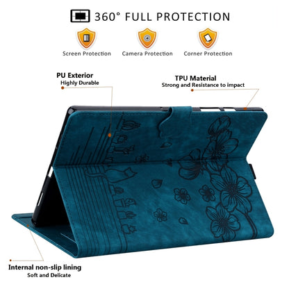 For Samsung Galaxy Tab S9 FE+ Cartoon Sakura Cat Embossed Leather Tablet Case(Blue) - Galaxy Tab S9 FE+ by buy2fix | Online Shopping UK | buy2fix