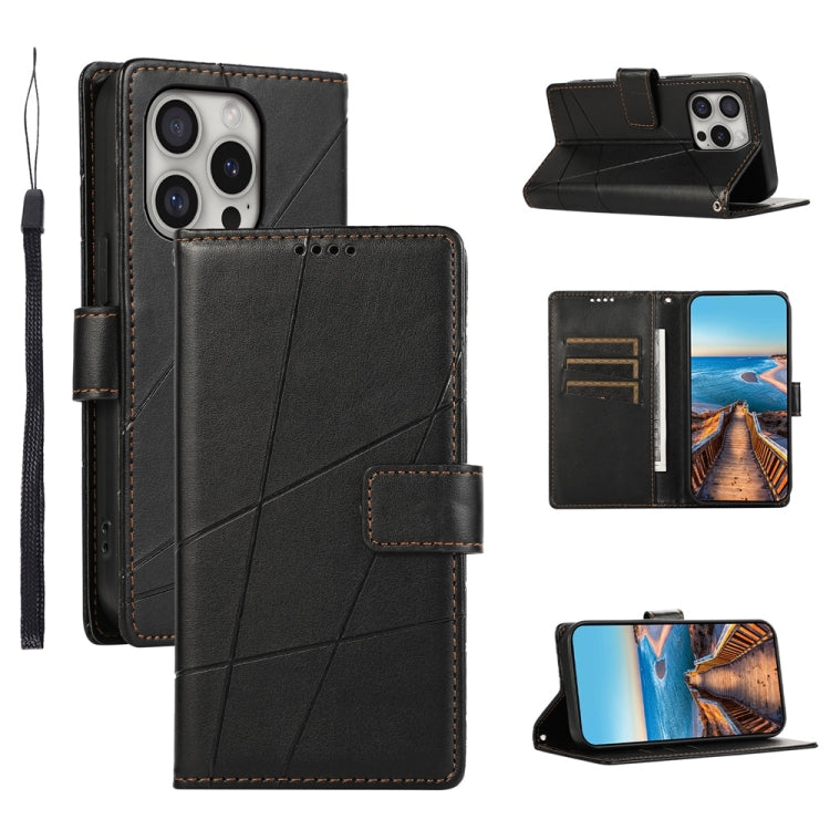 For iPhone 16 Pro PU Genuine Leather Texture Embossed Line Phone Case(Black) - iPhone 16 Pro Cases by buy2fix | Online Shopping UK | buy2fix