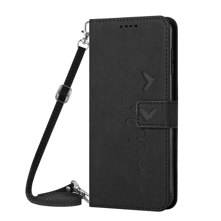 For Motorola Moto G Power 5G 2024 Skin Feel Heart Embossed Leather Phone Case with Long Lanyard(Black) - Motorola Cases by buy2fix | Online Shopping UK | buy2fix