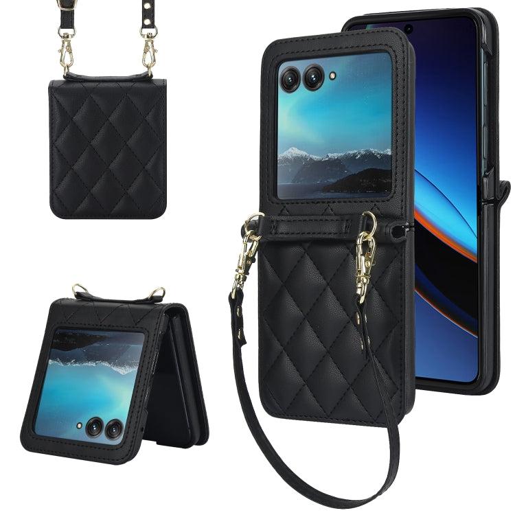 For Motorola Razr 40 Ultra Rhombic Texture Phone Case with Long & Short Lanyard(Black) - Motorola Cases by buy2fix | Online Shopping UK | buy2fix