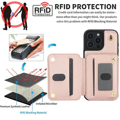 For iPhone 16 Pro YM006 Skin Feel Zipper Card Bag Phone Case with Dual Lanyard(Rose Gold) - iPhone 16 Pro Cases by buy2fix | Online Shopping UK | buy2fix