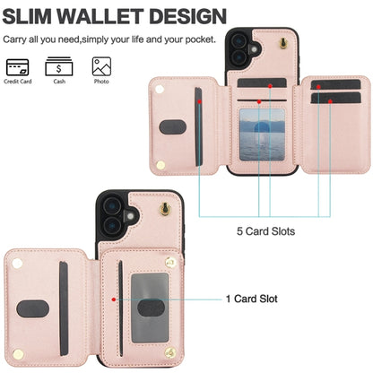 For iPhone 16 Plus YM006 Skin Feel Zipper Card Bag Phone Case with Dual Lanyard(Rose Gold) - iPhone 16 Plus Cases by buy2fix | Online Shopping UK | buy2fix