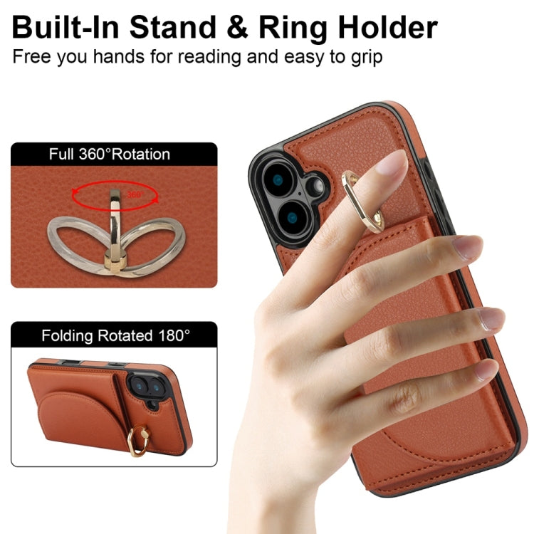 For iPhone 16 YM007 Ring Holder Card Bag Skin Feel Phone Case(Brown) - iPhone 16 Cases by buy2fix | Online Shopping UK | buy2fix