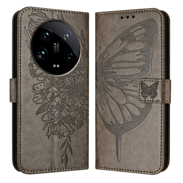 For Xiaomi 14 Ultra 5G Global Embossed Butterfly Leather Phone Case(Grey) - 14 Ultra Cases by buy2fix | Online Shopping UK | buy2fix