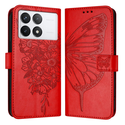 For Xiaomi Redmi K70 / K70 Pro Embossed Butterfly Leather Phone Case(Red) - K70 Cases by buy2fix | Online Shopping UK | buy2fix