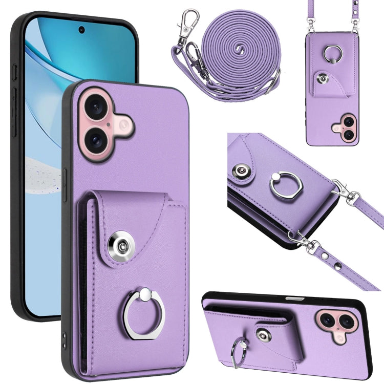 For iPhone 16 Organ Card Bag Ring Holder Phone Case with Long Lanyard(Purple) - iPhone 16 Cases by buy2fix | Online Shopping UK | buy2fix