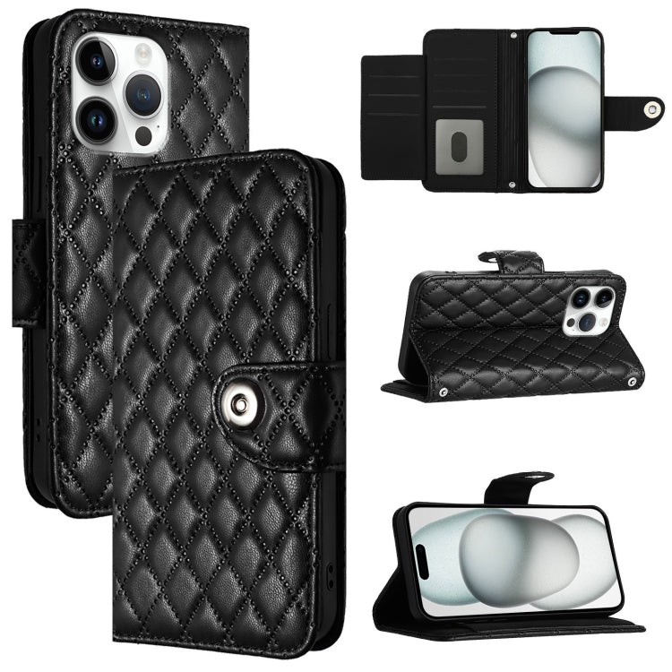 For iPhone 16 Pro Max Rhombic Texture Flip Leather Phone Case with Lanyard(Black) - iPhone 16 Pro Max Cases by buy2fix | Online Shopping UK | buy2fix