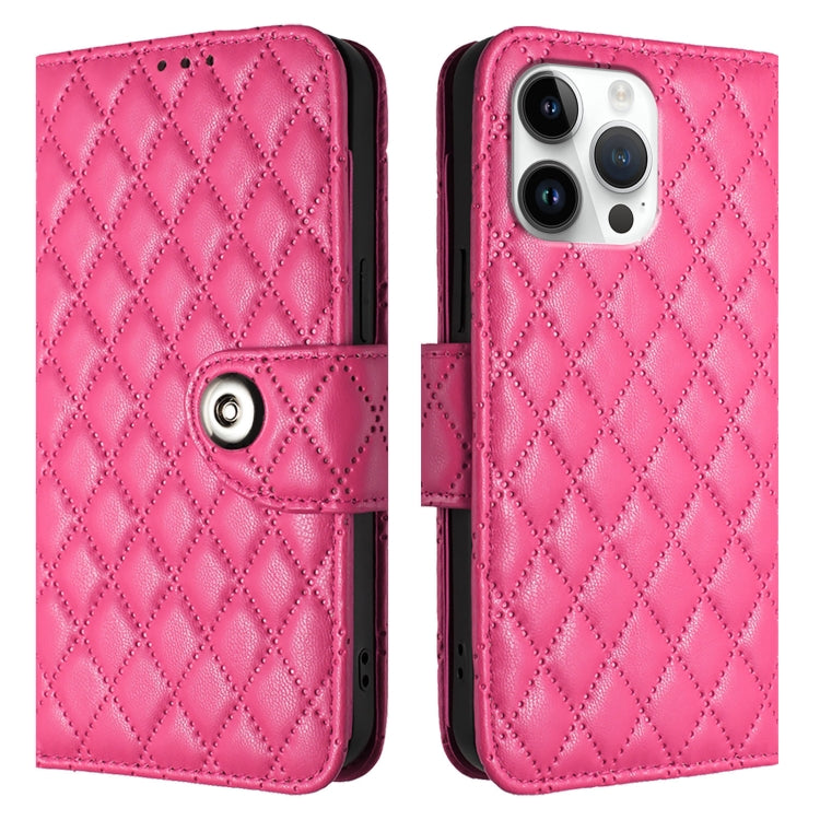 For iPhone 16 Pro Max Rhombic Texture Flip Leather Phone Case with Lanyard(Rose Red) - iPhone 16 Pro Max Cases by buy2fix | Online Shopping UK | buy2fix