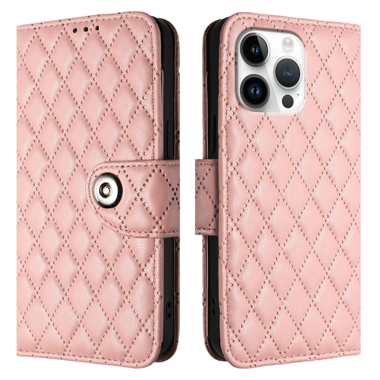 For iPhone 16 Pro Max Rhombic Texture Flip Leather Phone Case with Lanyard(Coral Pink) - iPhone 16 Pro Max Cases by buy2fix | Online Shopping UK | buy2fix