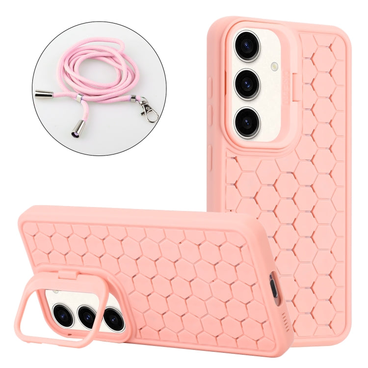 For Samsung Galaxy S24+ 5G Honeycomb Radiating Lens Holder Magsafe Phone Case with Lanyard(Pink) - Galaxy S24+ 5G Cases by buy2fix | Online Shopping UK | buy2fix