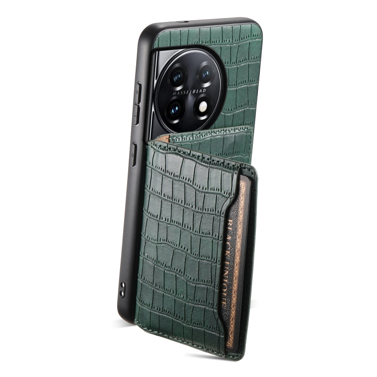 For OnePlus 11 Crocodile Texture Card Bag Design Full Coverage Phone Case(Green) - OnePlus Cases by buy2fix | Online Shopping UK | buy2fix