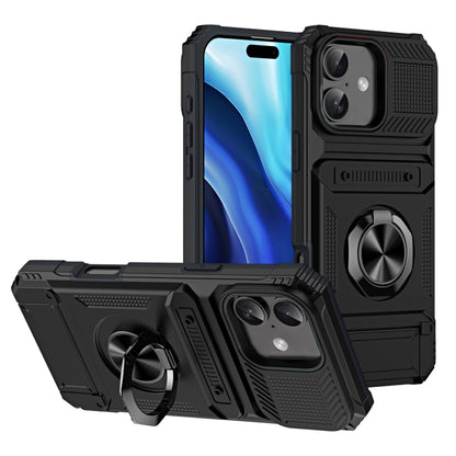 For iPhone 16 TPU+PC Shockproof Card Phone Case with Metal Ring Holder(Black) - iPhone 16 Cases by buy2fix | Online Shopping UK | buy2fix