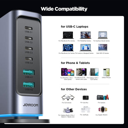 JOYROOM JR-TCM02 6 in 1 65W GaN 4 USB-C & 2 USB-A Multi-port Charger, Power Plug:UK Plug(Dark Gray) - Multifunction Charger by JOYROOM | Online Shopping UK | buy2fix