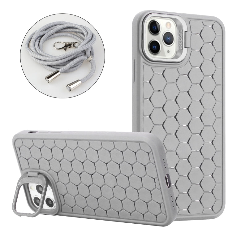 For iPhone 16 Pro Honeycomb Radiating Holder TPU Phone Case with Lanyard(Grey) - iPhone 16 Pro Cases by buy2fix | Online Shopping UK | buy2fix