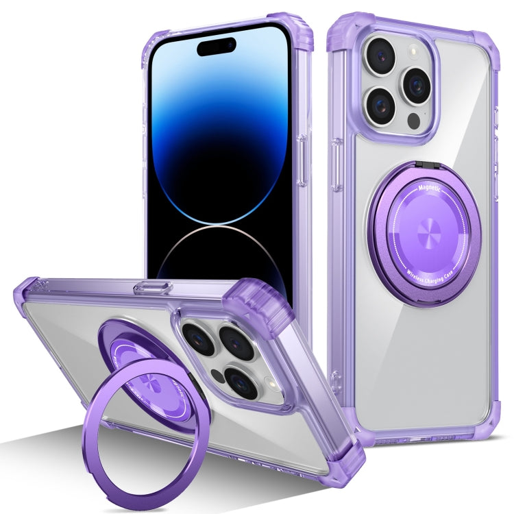 For iPhone 14 Pro Gold Shield CD Pattern MagSafe Magnetic Phone Case with Rotating Stand(Transparent Purple) - iPhone 14 Pro Cases by buy2fix | Online Shopping UK | buy2fix