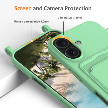 For iPhone 16 Integrated Card Bag Solid Color Liquid Silicone Phone Case with Lanyard(Green) - iPhone 16 Cases by buy2fix | Online Shopping UK | buy2fix