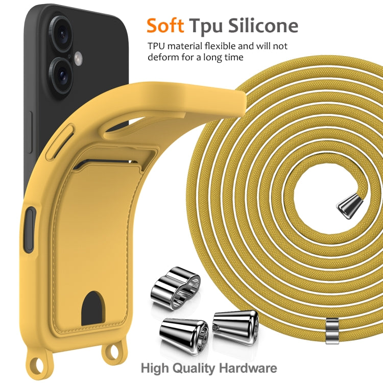 For iPhone 16 Integrated Card Bag Solid Color Liquid Silicone Phone Case with Lanyard(Yellow) - iPhone 16 Cases by buy2fix | Online Shopping UK | buy2fix