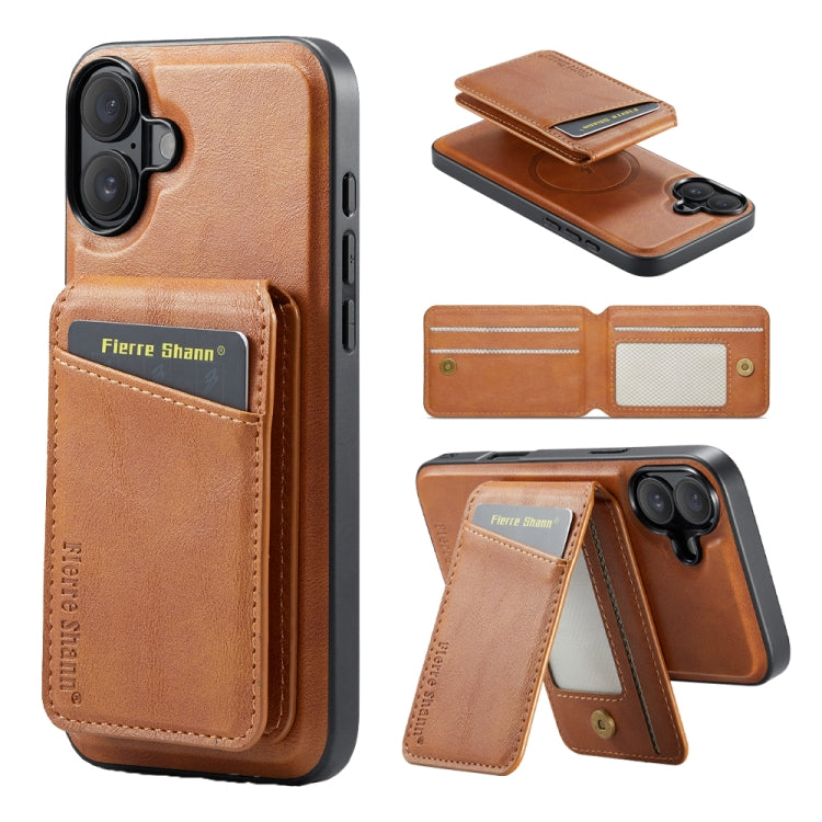 For iPhone 16 Fierre Shann Oil Wax Cow Leather Magnetic Card Holder Phone Case(Brown) - iPhone 16 Cases by FIERRE SHANN | Online Shopping UK | buy2fix