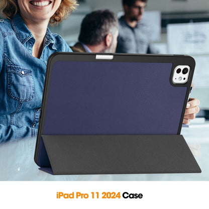 For iPad Pro 11 2024 Custer TPU Pure Color 3-Fold Holder Smart Leather Tablet Case with Pen Tray(Dark Blue) - iPad Pro 11 2024 Cases by buy2fix | Online Shopping UK | buy2fix