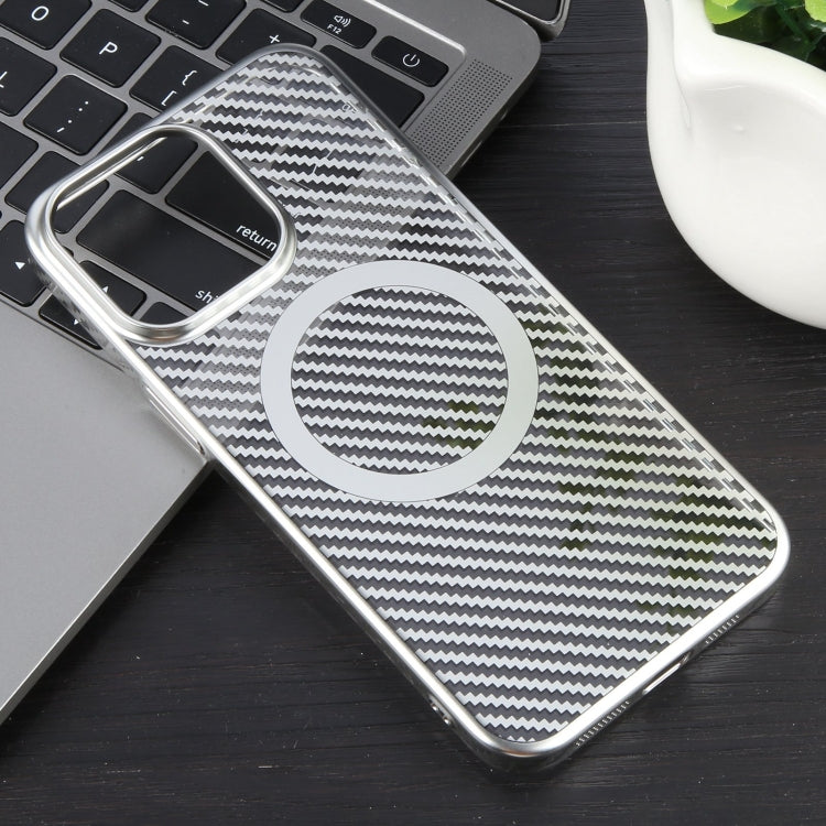 For iPhone 15 6D Plated Carbon Fiber Clear Magsafe PC Phone Case(Starlight Silver) - iPhone 15 Cases by buy2fix | Online Shopping UK | buy2fix