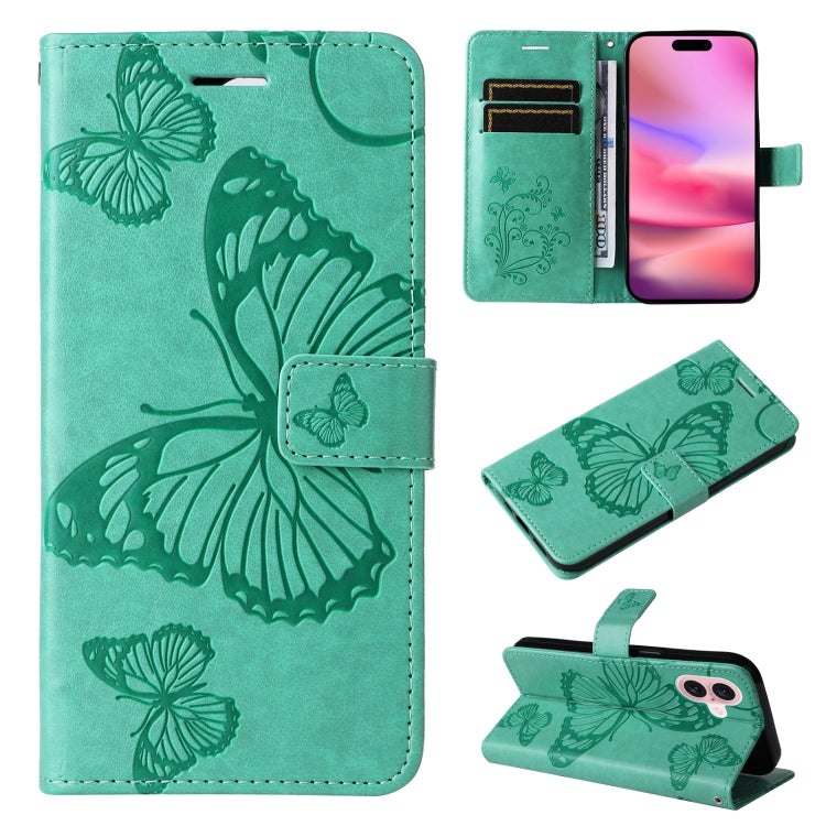 For iPhone 16 3D Butterfly Embossed Pattern Flip Leather Phone Case(Green) - iPhone 16 Cases by buy2fix | Online Shopping UK | buy2fix