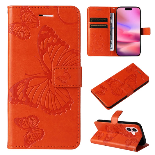 For iPhone 16 3D Butterfly Embossed Pattern Flip Leather Phone Case(Orange) - iPhone 16 Cases by buy2fix | Online Shopping UK | buy2fix