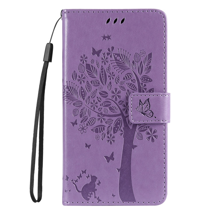 For iPhone SE 2024 Tree & Cat Embossed Pattern Flip Leather Phone Case(Light Purple) - More iPhone Cases by buy2fix | Online Shopping UK | buy2fix