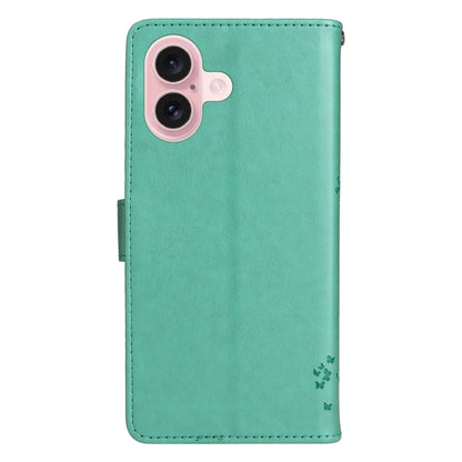 For iPhone 16 Tree & Cat Embossed Pattern Flip Leather Phone Case(Green) - iPhone 16 Cases by buy2fix | Online Shopping UK | buy2fix