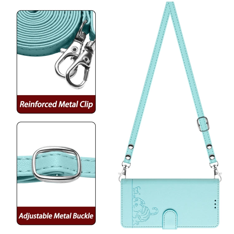 For OPPO Reno11 5G Global Cat Rat Embossed Pattern RFID Leather Phone Case with Lanyard(Mint Green) - Reno11 Cases by buy2fix | Online Shopping UK | buy2fix