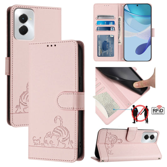 For Motorola Moto G Power 5G 2024 Cat Rat Embossed Pattern RFID Leather Phone Case with Lanyard(Pink) - Motorola Cases by buy2fix | Online Shopping UK | buy2fix