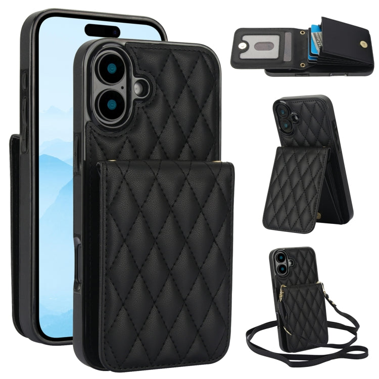 For iPhone 16 Plus YM015 Crossbody Rhombic Card Bag RFID Phone Case(Black) - iPhone 16 Plus Cases by buy2fix | Online Shopping UK | buy2fix