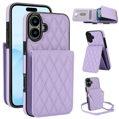 For iPhone 16 Plus YM015 Crossbody Rhombic Card Bag RFID Phone Case(Light Purple) - iPhone 16 Plus Cases by buy2fix | Online Shopping UK | buy2fix