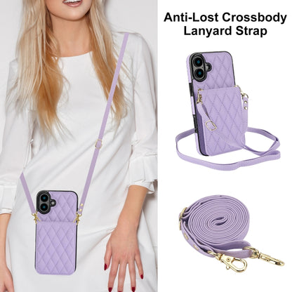 For iPhone 16 Plus YM015 Crossbody Rhombic Card Bag RFID Phone Case(Light Purple) - iPhone 16 Plus Cases by buy2fix | Online Shopping UK | buy2fix